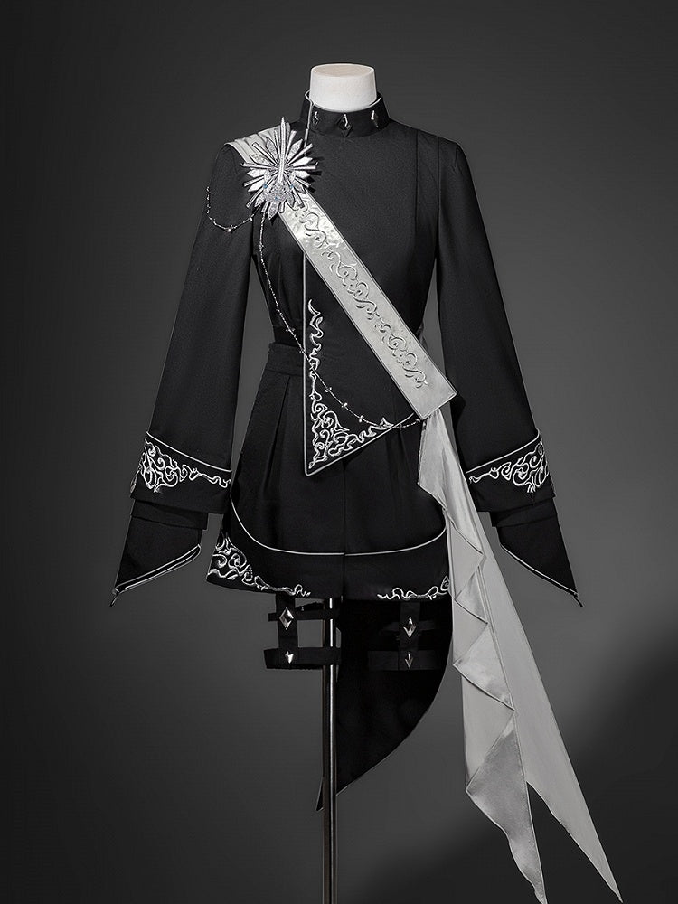 Design Asymmetrical Black Embroidered with Ribbon + Top Garters Ouji Shorts Lolita Silver