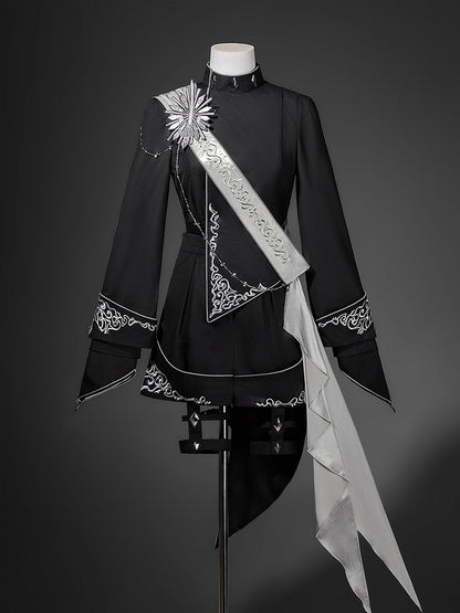 Design Asymmetrical Black Embroidered with Ribbon + Top Garters Ouji Shorts Lolita Silver