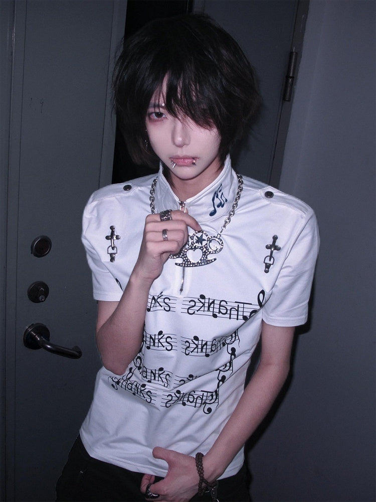 Music Note Print Short Sleeve T-Shirt - y2k QUEEN