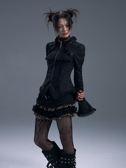 Schwarzes Gothic-Vintage-Top mit Spitzenbesatz und Reißverschluss