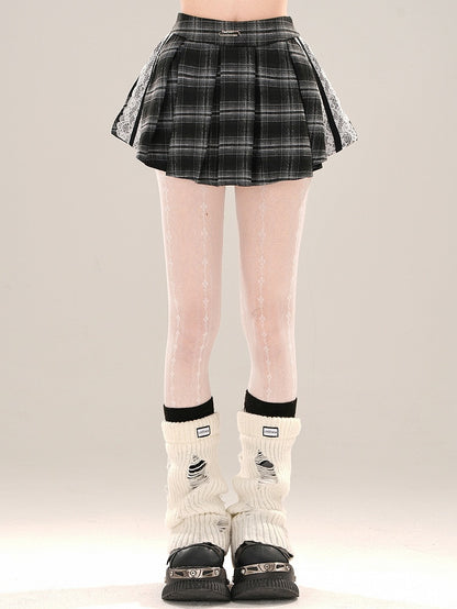 チェック柄アクセントのボックスレースブラックプリーツミニスカート