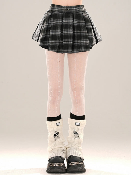 チェック柄アクセントのボックスレースブラックプリーツミニスカート