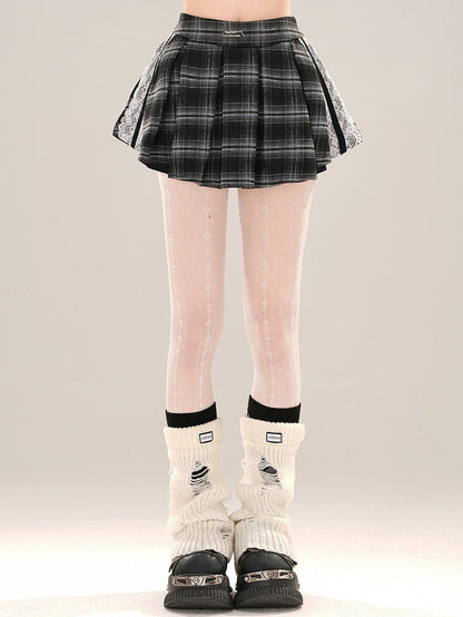 レースミニスカート アクセント プリーツ ボックスチェック ブラック