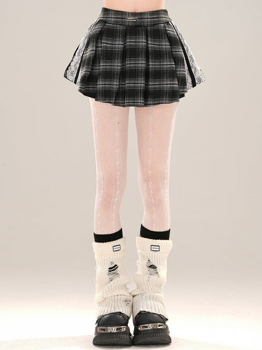 レースミニスカート アクセント プリーツ ボックスチェック ブラック