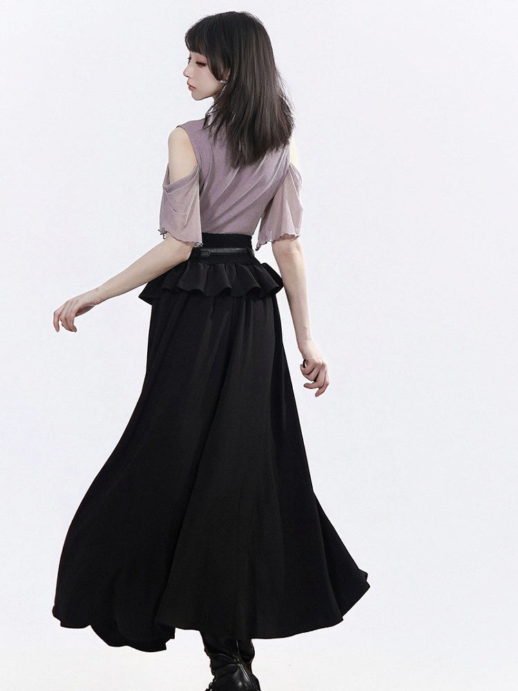 Black Ruffle Trim Long Skirt - PINK SAVIOR