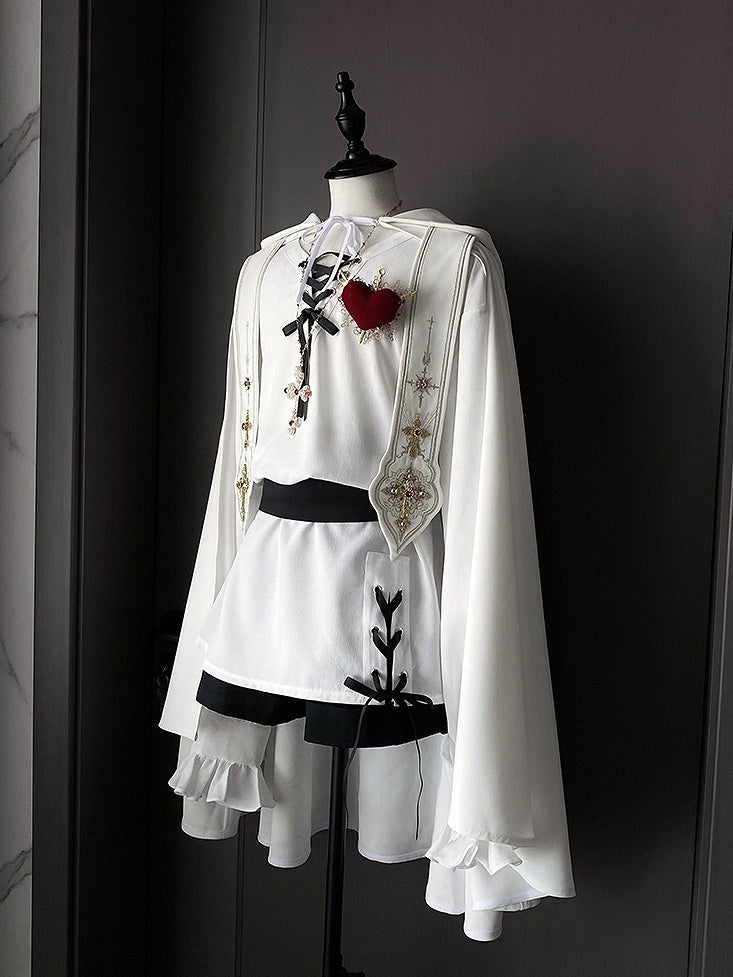 Shirt + Stoles Shorts Set Fashion Lolita Ouji Hooded Cape Nun Full Long White Sleeves - Black