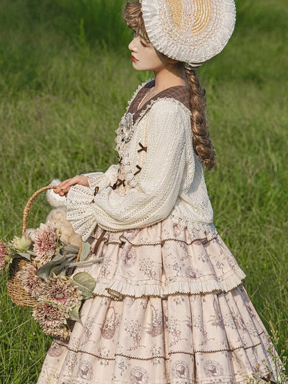 Beige Ruffled Cuffs Crochet Lace Lolita Cardigan with Bow Details