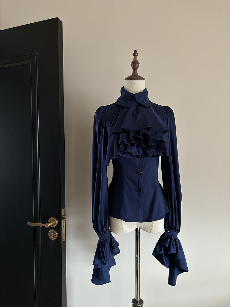 Lolita Collar Blouse Dark Jabot Long-Sleeve Blue
