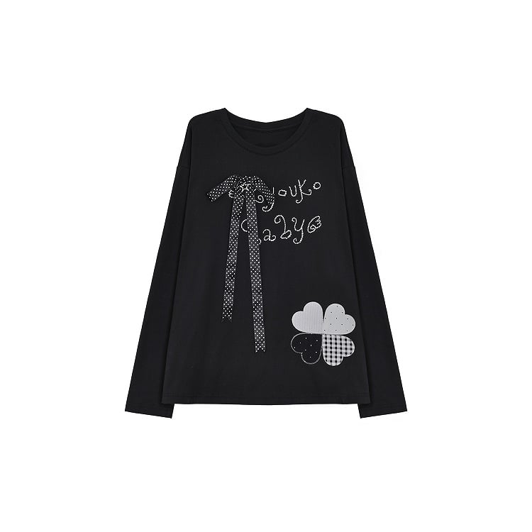 Top with Ribbon Bow Rhinestone Applique Embroidered Black Detachable and Clover