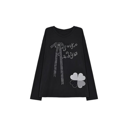 Top with Ribbon Bow Rhinestone Applique Embroidered Black Detachable and Clover