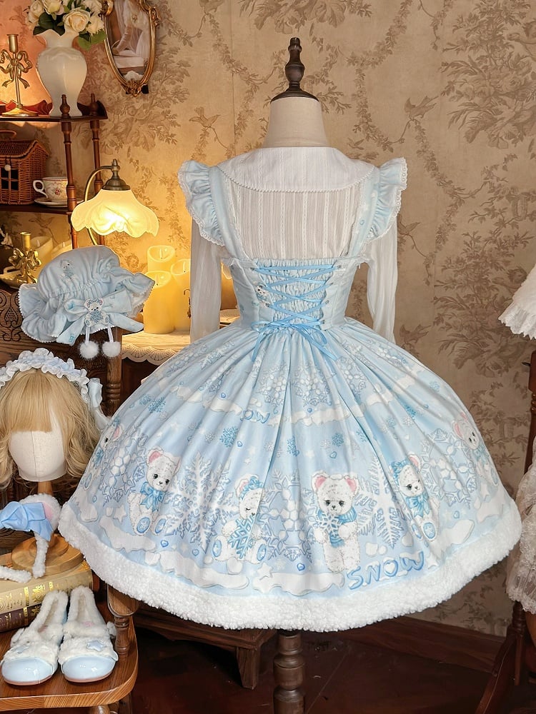 Sweet Winter Lolita Snowy Teddy Print Light Blue Dress JSK Full Set