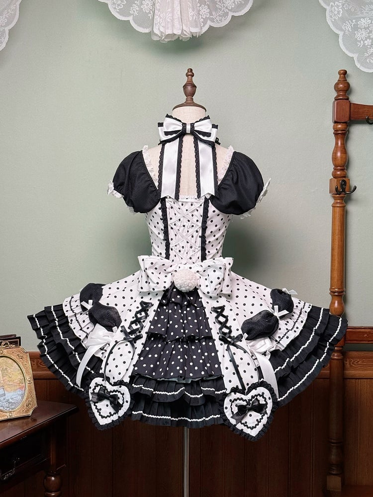 Accents Black Polka Dots Dress Old School Bow White Lolita Neck Halter with