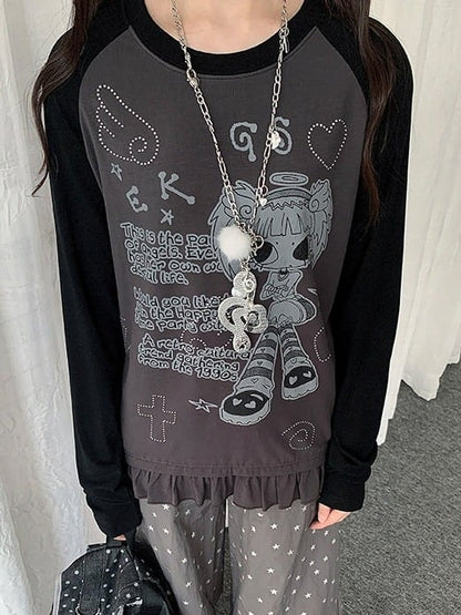 Colorblock Round Neck Long Sleeve Ruffle Hem Top with Cartoon Print - Solkatt