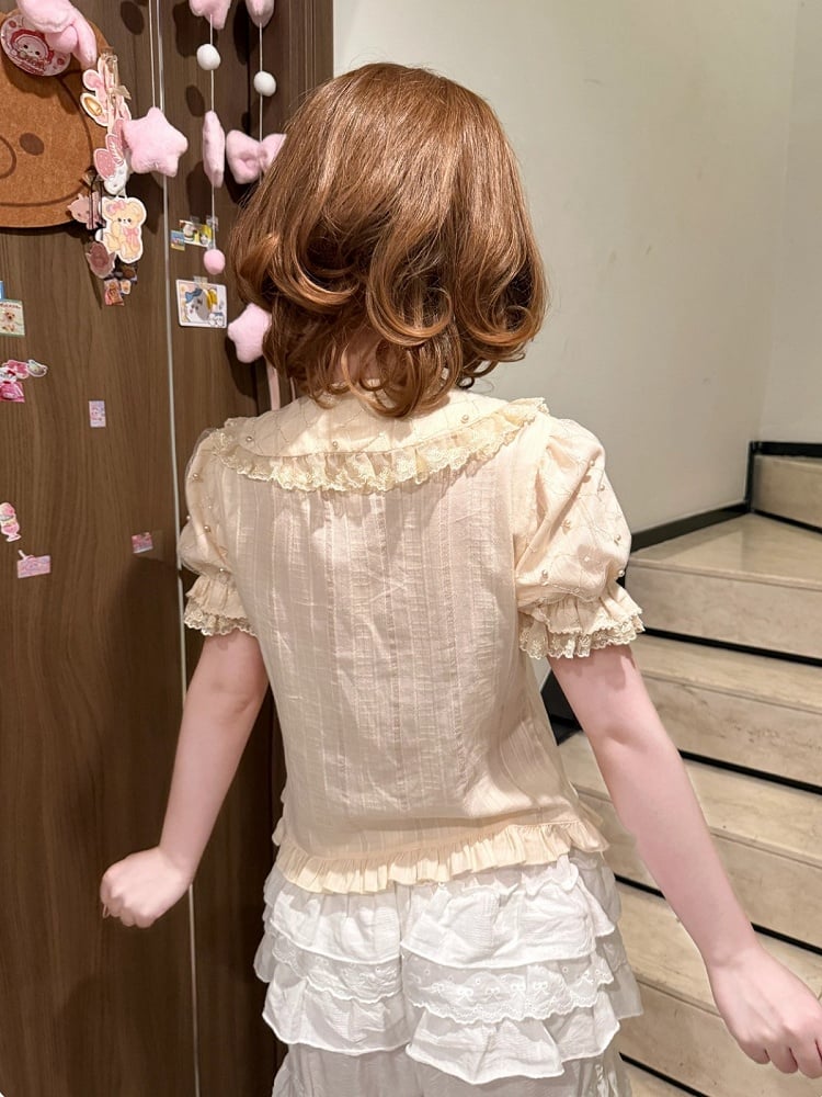 Beige Short Sleeves Lolita Cotton Blouse Lace Trim Bead Details - Jelly Girl