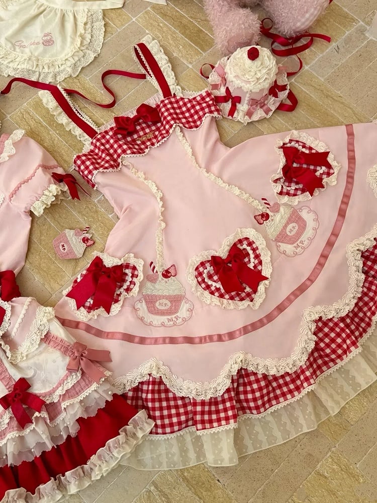 Shape Pink Embroidery Applique Lolita JSK Red Heart Hem Cake and