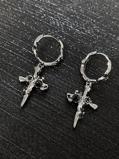 Silver Gothic Cross Dangle Earrings with Rhinestones - Insomnia Artist
