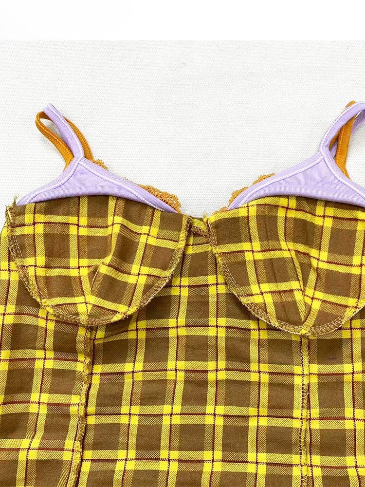 スカーフキャミトップパープルチェック柄Y2Kイエロー
