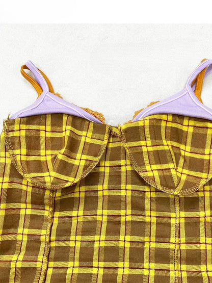 スカーフキャミトップパープルチェック柄Y2Kイエロー