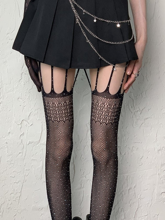 Suspender Black Fishnet Rhinestone Tights Y2K