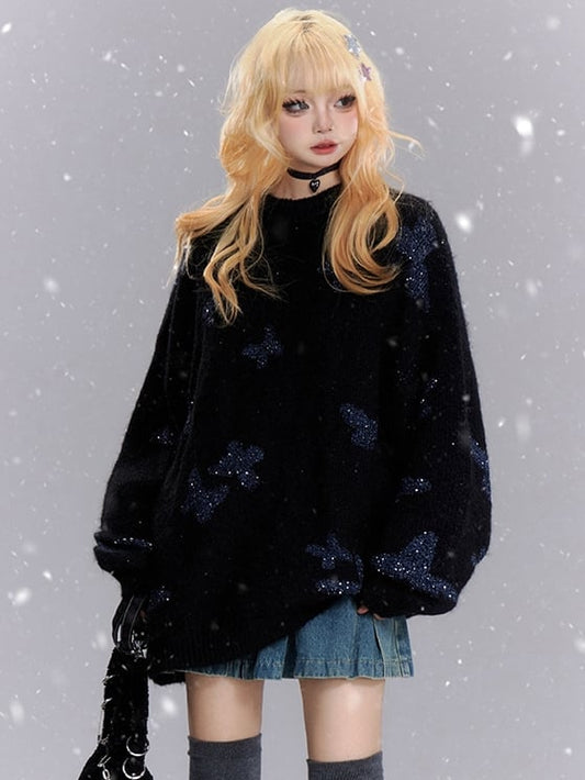 ブラックバタフライラインストーンルーズセーター