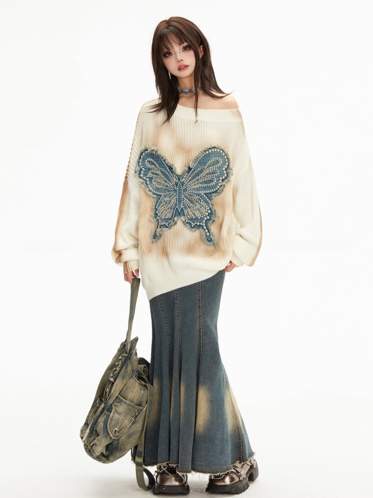 Wasteland Punk – Pullover mit Schmetterlingsapplikation und asymmetrischem Ausschnitt in Aprikose