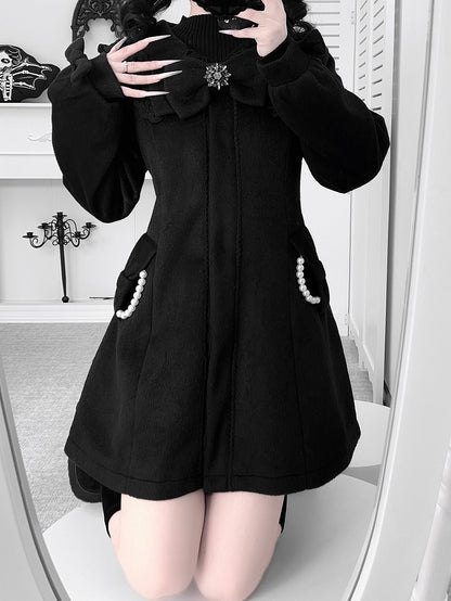 Jirai Kei Black Wool Blend Coat with Lace Sailor Collar and Beaded Chain Accented Pockets