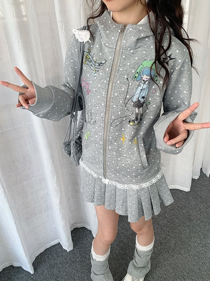 Jacket Polka-dot Pattern Hooded - Gray White