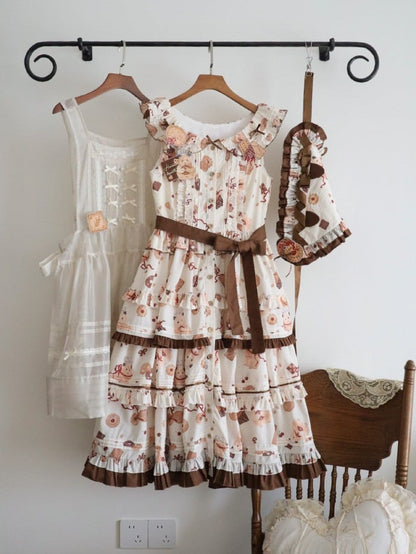 Hamster Dress Cookie Brown Triangular and Apron Headscarf Lolita Sweet Yellow Print Full Set + Brooches