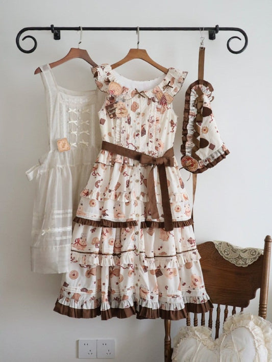 Hamster Dress Cookie Brown Triangular and Apron Headscarf Lolita Sweet Yellow Print Full Set + Brooches