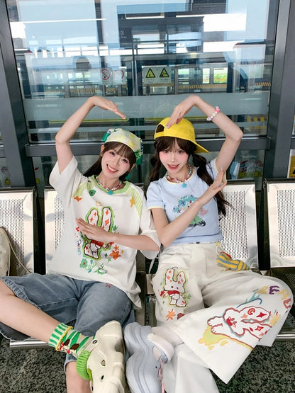 Cartoon Bunny Print White Round Neck Loose T-shirt