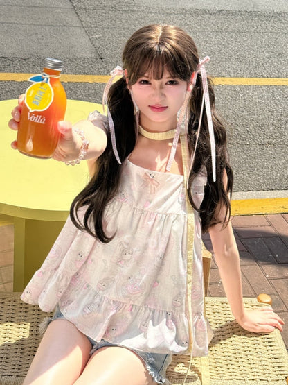 Drucken Sie süße rosa Flatterärmel Allover ärmelloses Top Kitty