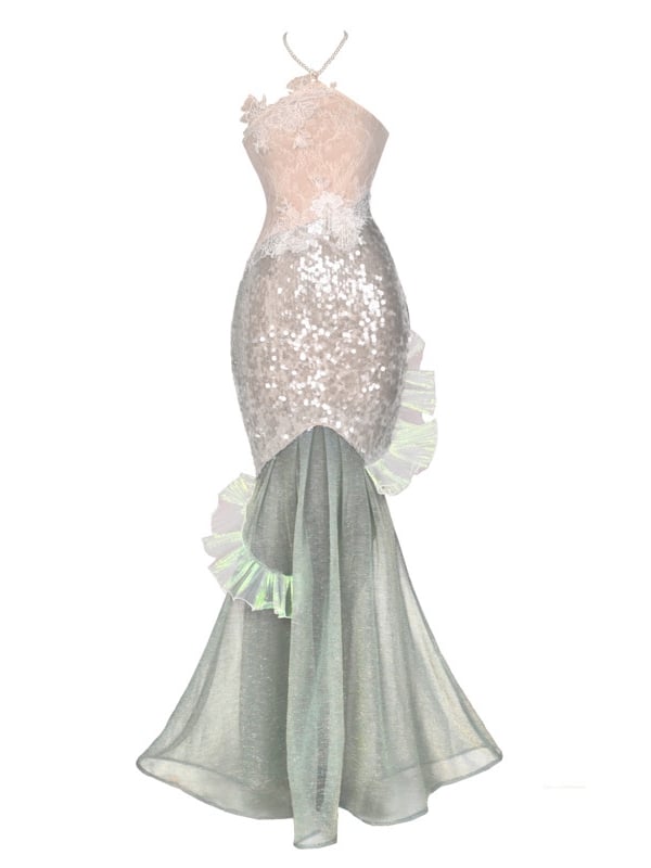 Pailletten Meerjungfrau Fee Bodycon Kleid Goth Glänzende Perlen Urlaub Neckholder