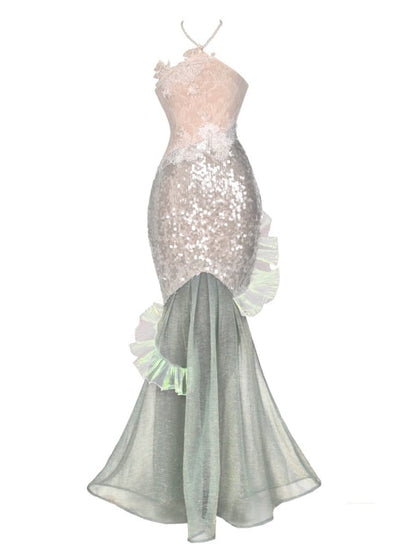 スパンコールマーメイドフェアリーボディコンドレスゴスシャイニングビーズバケーションホルターネック