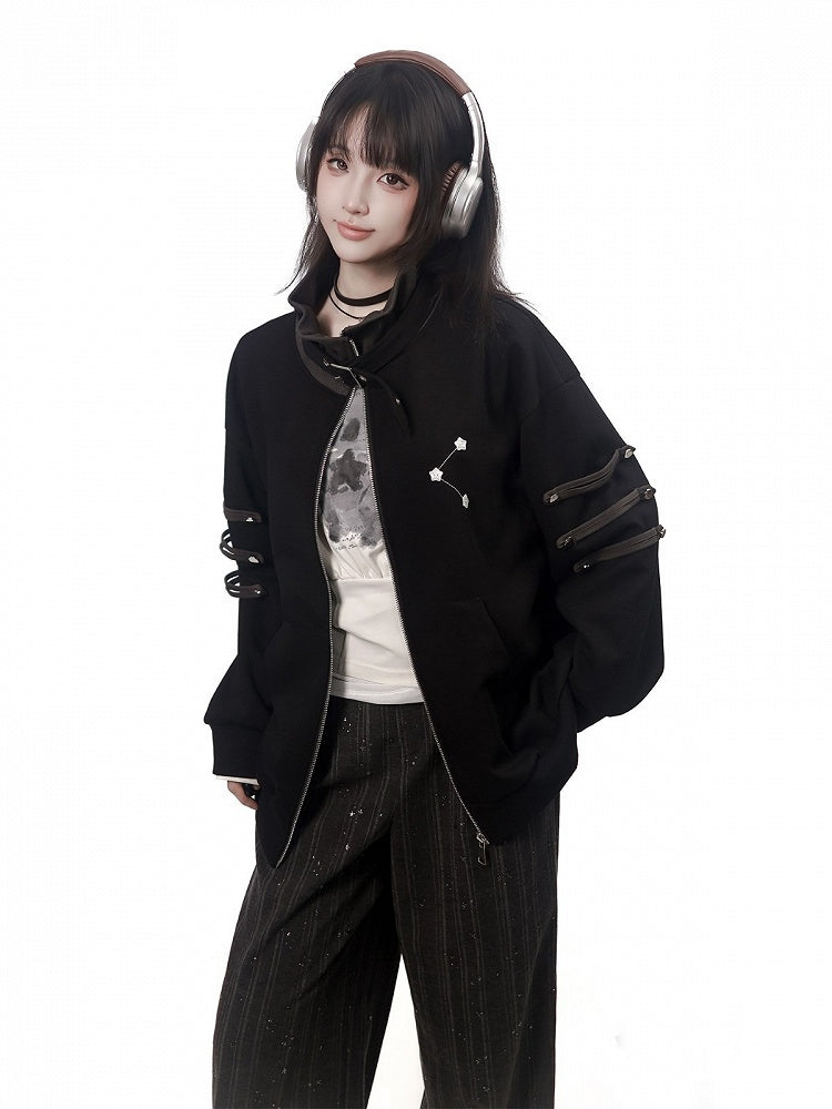 Star-Studded Zip Jacket with Buckle Straps and Stand Collar in Black - PINK SAVIOR