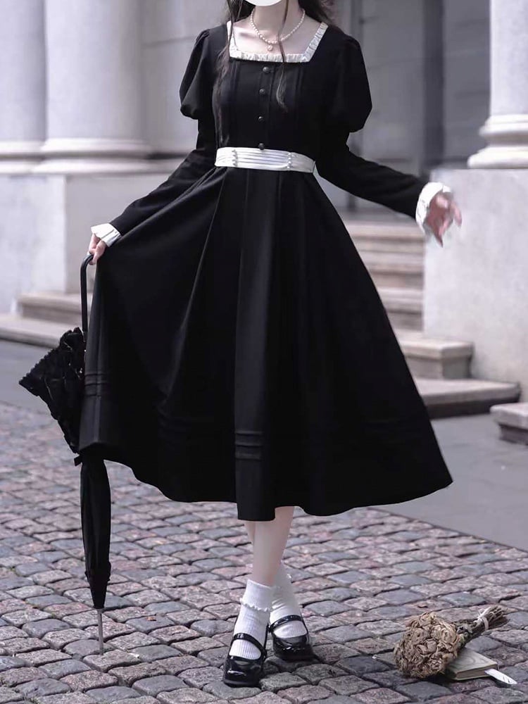Sleeves Black Square Vintage Neck Midi Dress Elegant Juliet