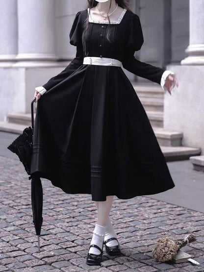 Sleeves Black Square Vintage Neck Midi Dress Elegant Juliet