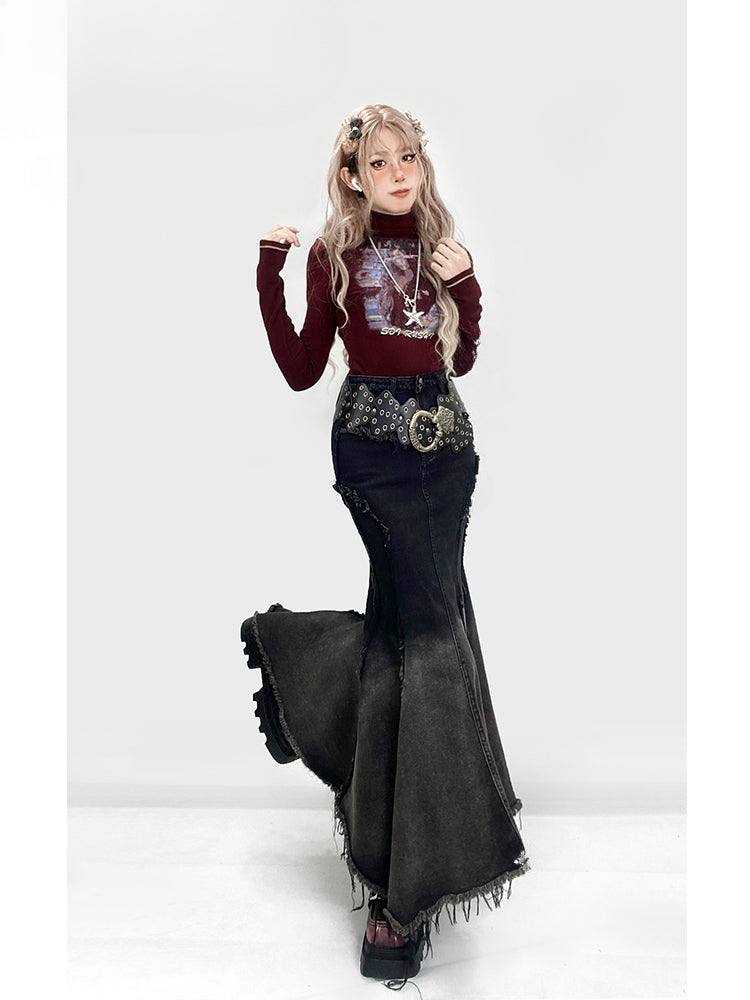 Millard Fashion – Denim-Meerjungfrauenrock mit Farbverlauf und Distressed-Besatz in Schwarz