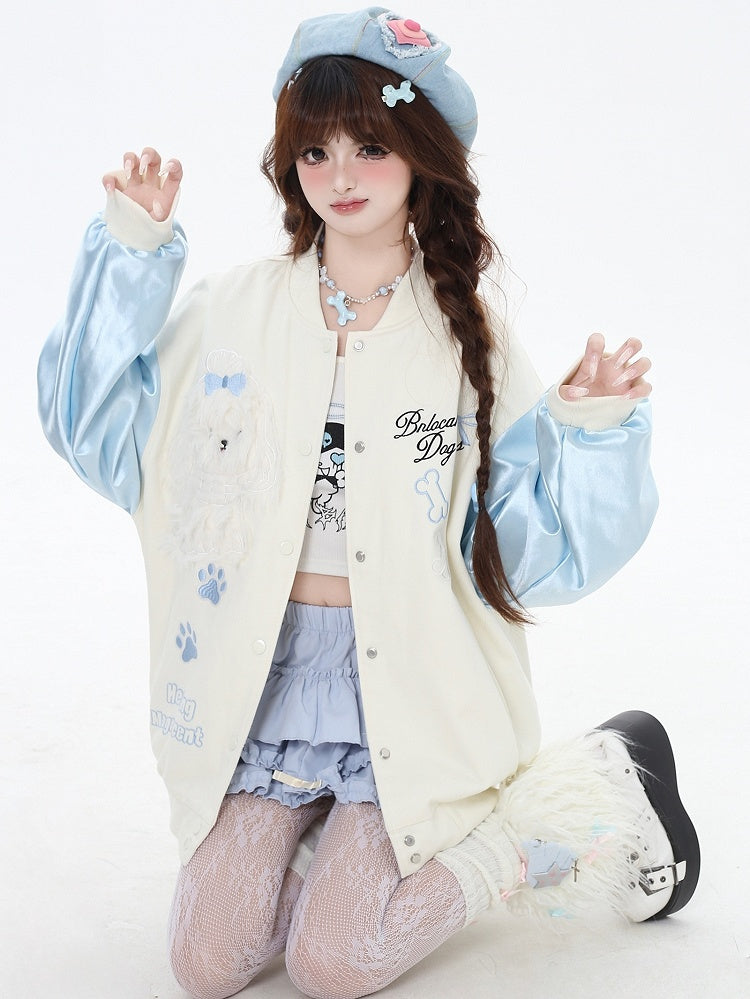 Blue and Apricot Furry Puppy Applique Baseball Jacket
