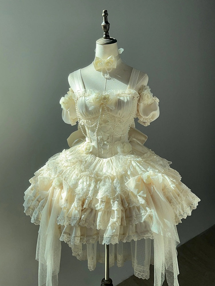 Hanayome Fairy Lolita Flower Basque Skirt Jumper Tiered Waist Hem Beige Dress