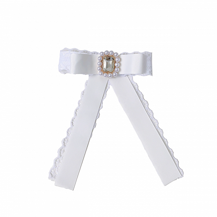 White Bow Tie with Beaded Rhinestone Kei Jirai