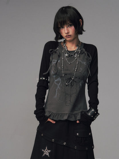 Sleeve Long Print Raglan Details Kawaii BlackGray Ruffled Bowknot Floral Top Trim -