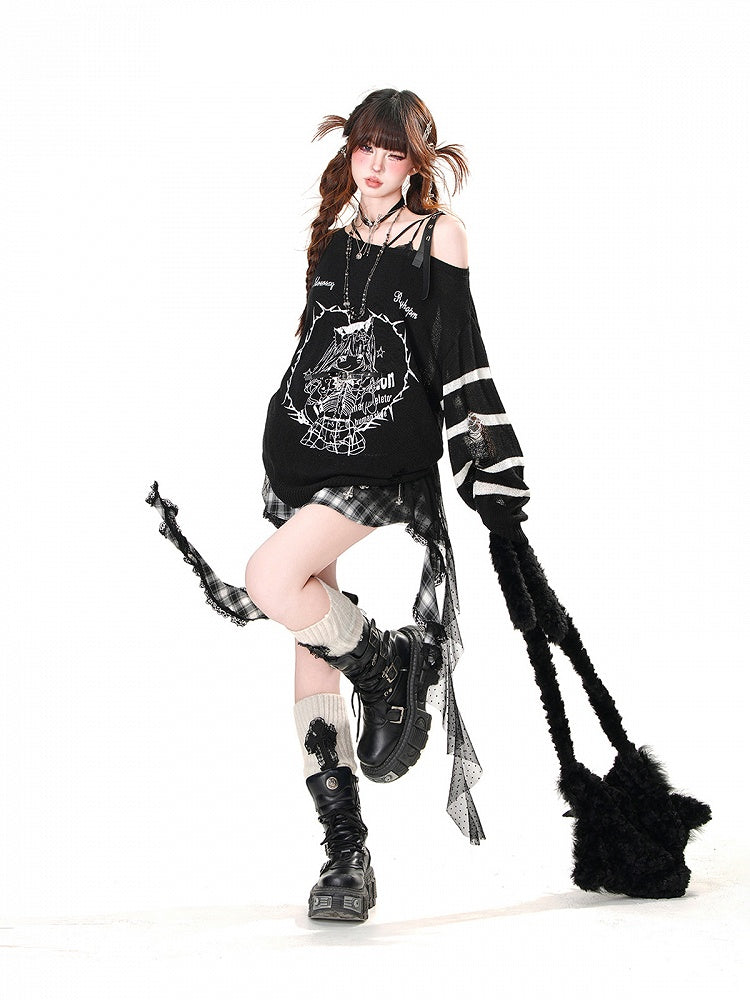 スカート裾は非対称メッシュパッチワークデザイン、ブラックのチェック柄、フリル付き水玉模様