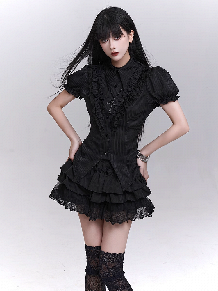 Pointed Flat Collar Curved Hem Gothic Puff Sleeves Blouse Pattern Black Striped