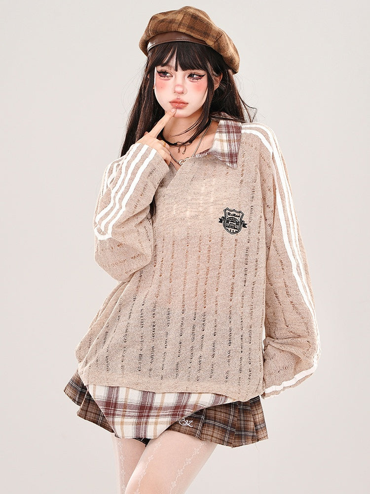 Coffee/White Polo Collar Hollowed-out Semi-sheer Loose Knit Top