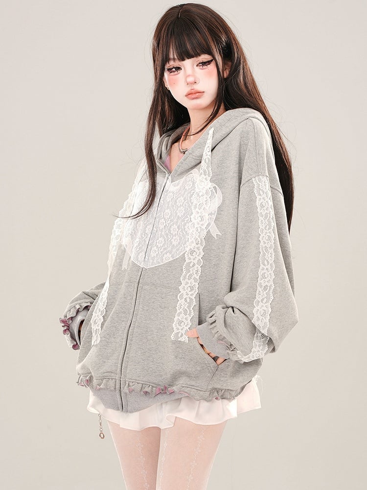 Grey  Lace Applique Ruffle Trim Zip Hoodie