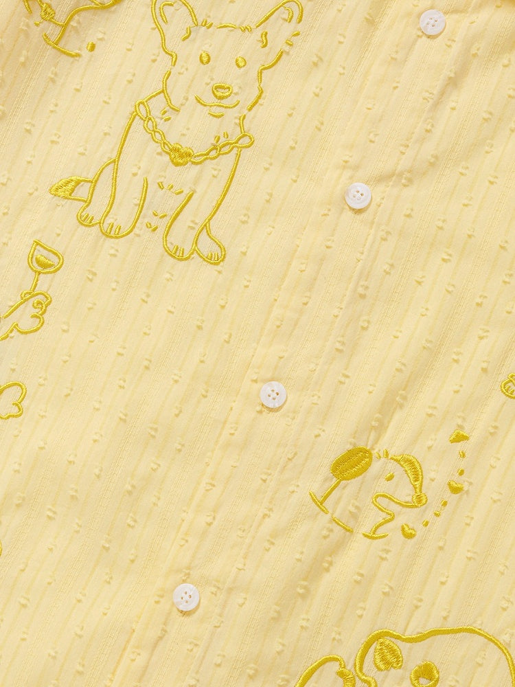 Yellow Puppy Embroidery Short Sleeve Shirt with Tie - Languid Park