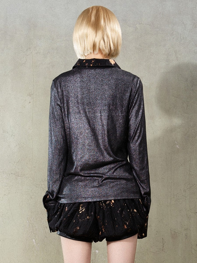 Two-Piece Black Y2K Print Punk Rock Shirt Splatter Faux with