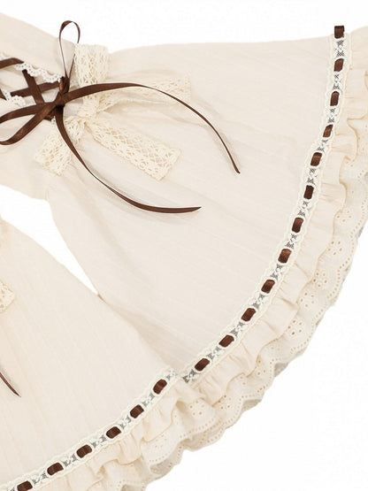 Vintage Beige Lace-Up Detachable Bell Sleeves with Lace Trim - Twin Bear Original Design