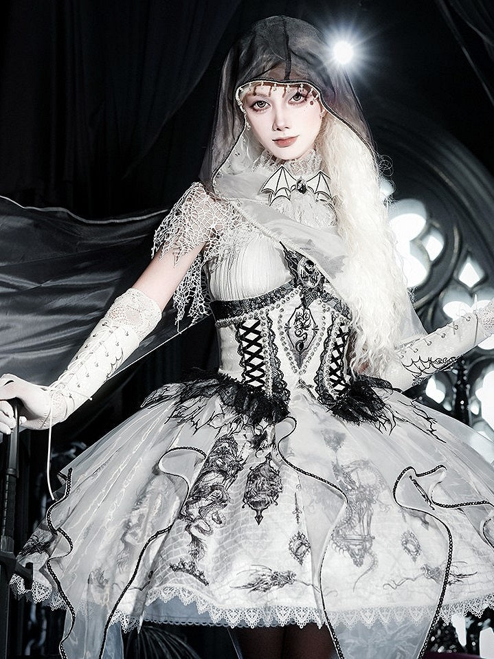 Black & White Bone Dragon Embroidery Halter Neck Gothic Lolita Dress Set - Ying Luo Fu