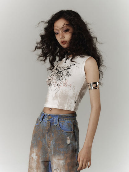 Top Fit Tank Y2K Schmetterlingsdruck Slim Weiß